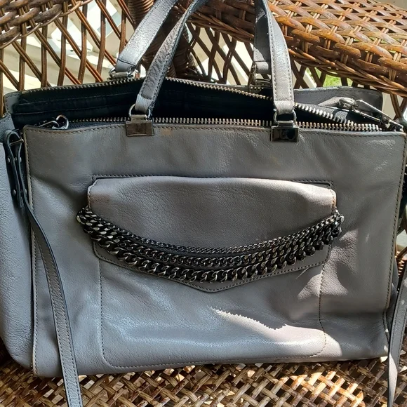 AUTH MILLY GUNMETAL GRAY CHAINLINKED XL LEATHER SATCHEL HANDBAG W/ LONG STRAP! - Picture 16 of 16